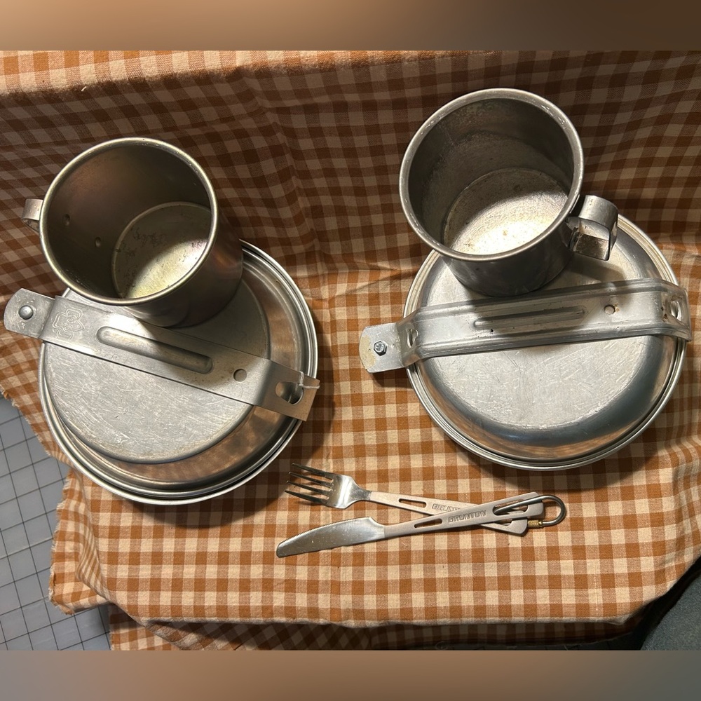 1 Girl Scout Vintage Stainless Steel Camping Mess Kit Set and 1 Unbranded set
